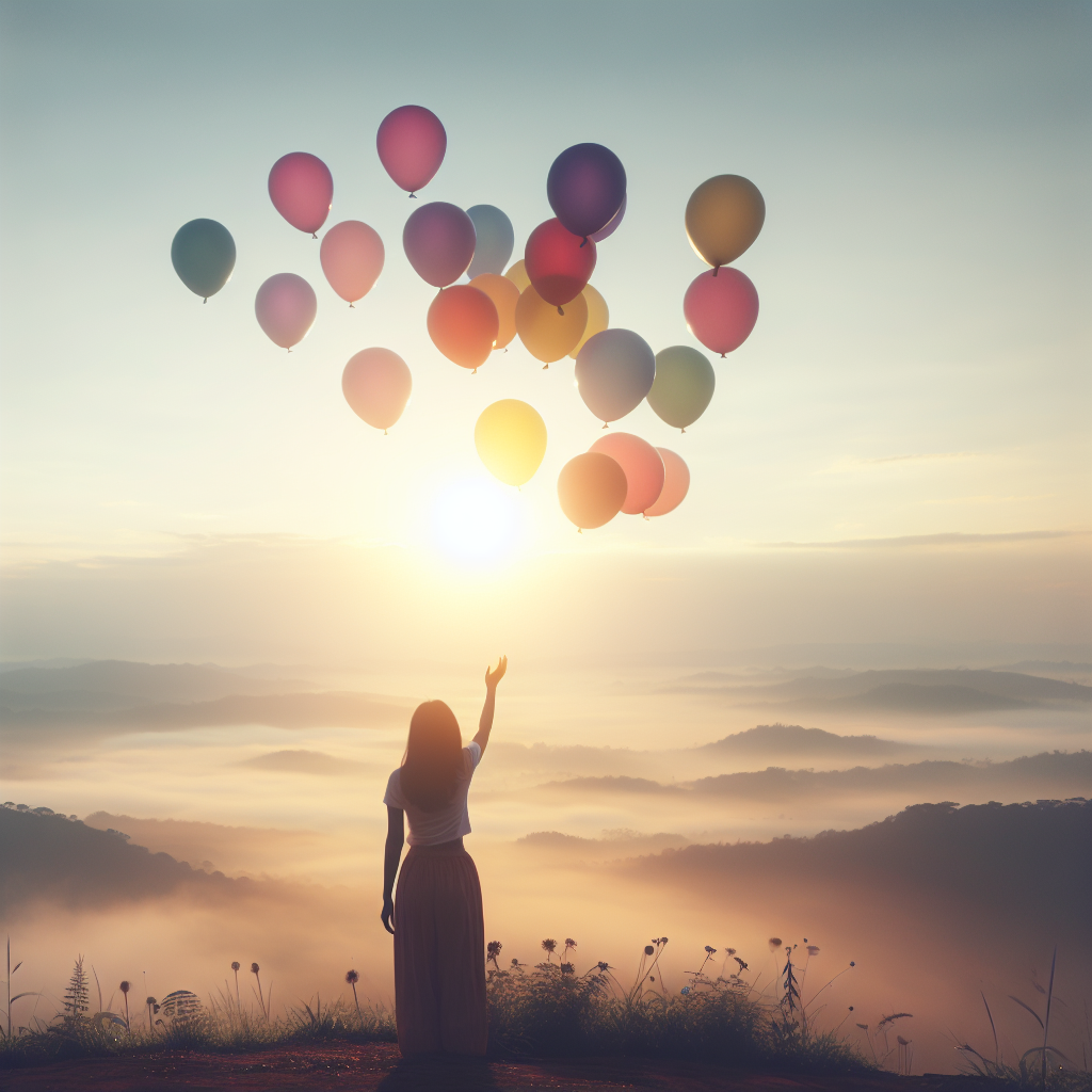 A serene image of a person standing on a hilltop at sunrise, releasing a handful of colorful balloons into the sky, symbolizing the act of letting go and embracing freedom. The soft morning light and expansive sky convey a sense of new beginnings and hope.